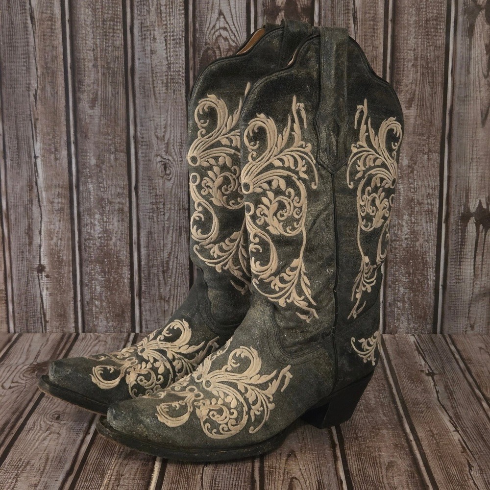Sz 7 M Womens Corral Scroll Design Gray Distressed Leather Western Boots VGUC